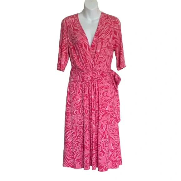 Lilly Pulitzer Faux Wrap Fit & Flare Pink Tiger Dress Size Medium - Picture 1 of 7